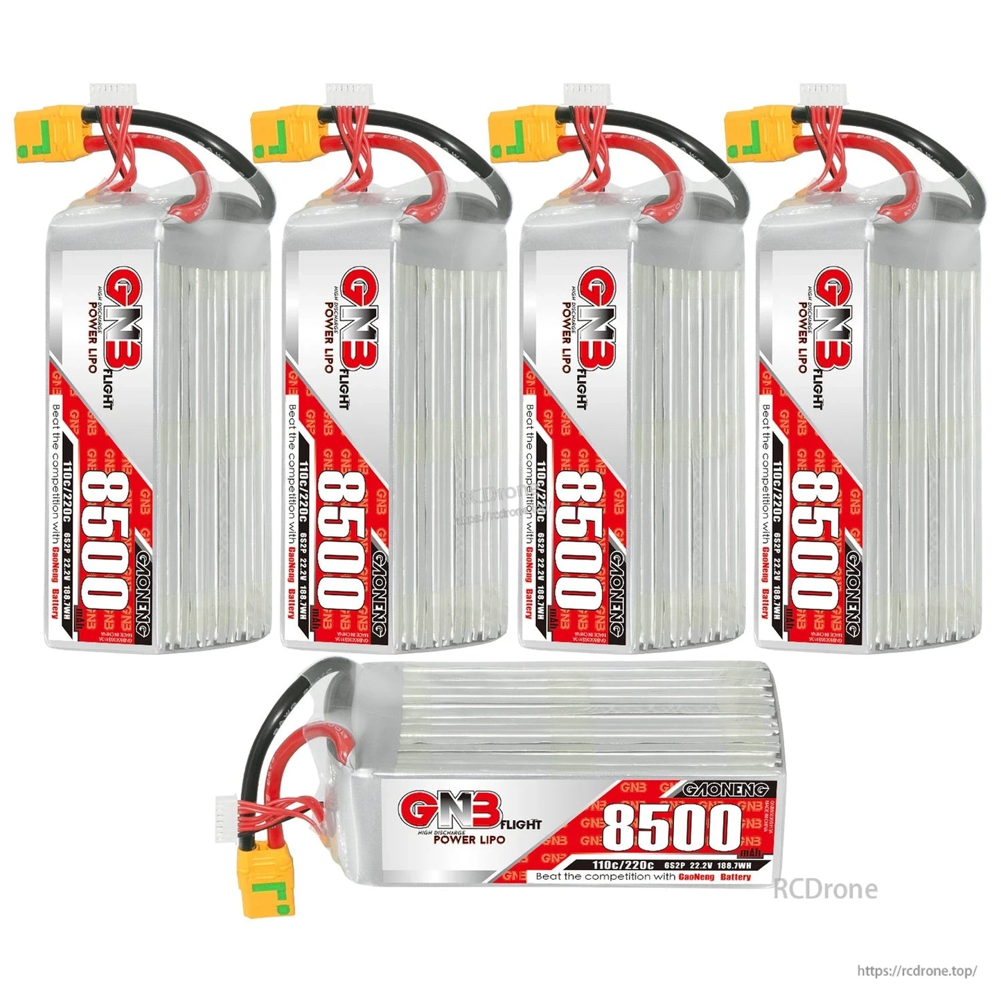 Set of four upright GNB 8500mAh packs plus one horizontal pack showing top label and connector