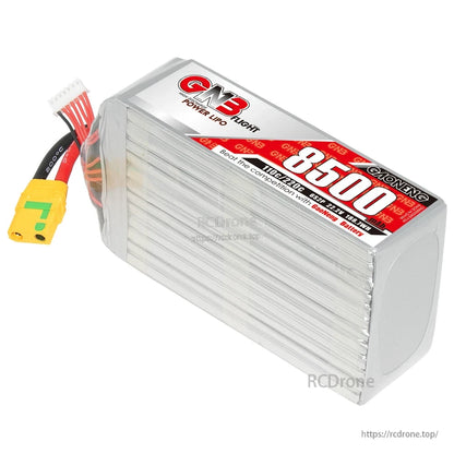 End-cap view of GNB 8500mAh LiPo battery with stacked cell wrap and connector leads