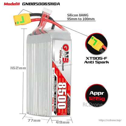 GNB85006S110A battery dimensions diagram with XT90S-F anti-spark plug, 8AWG leads, approx 1215g