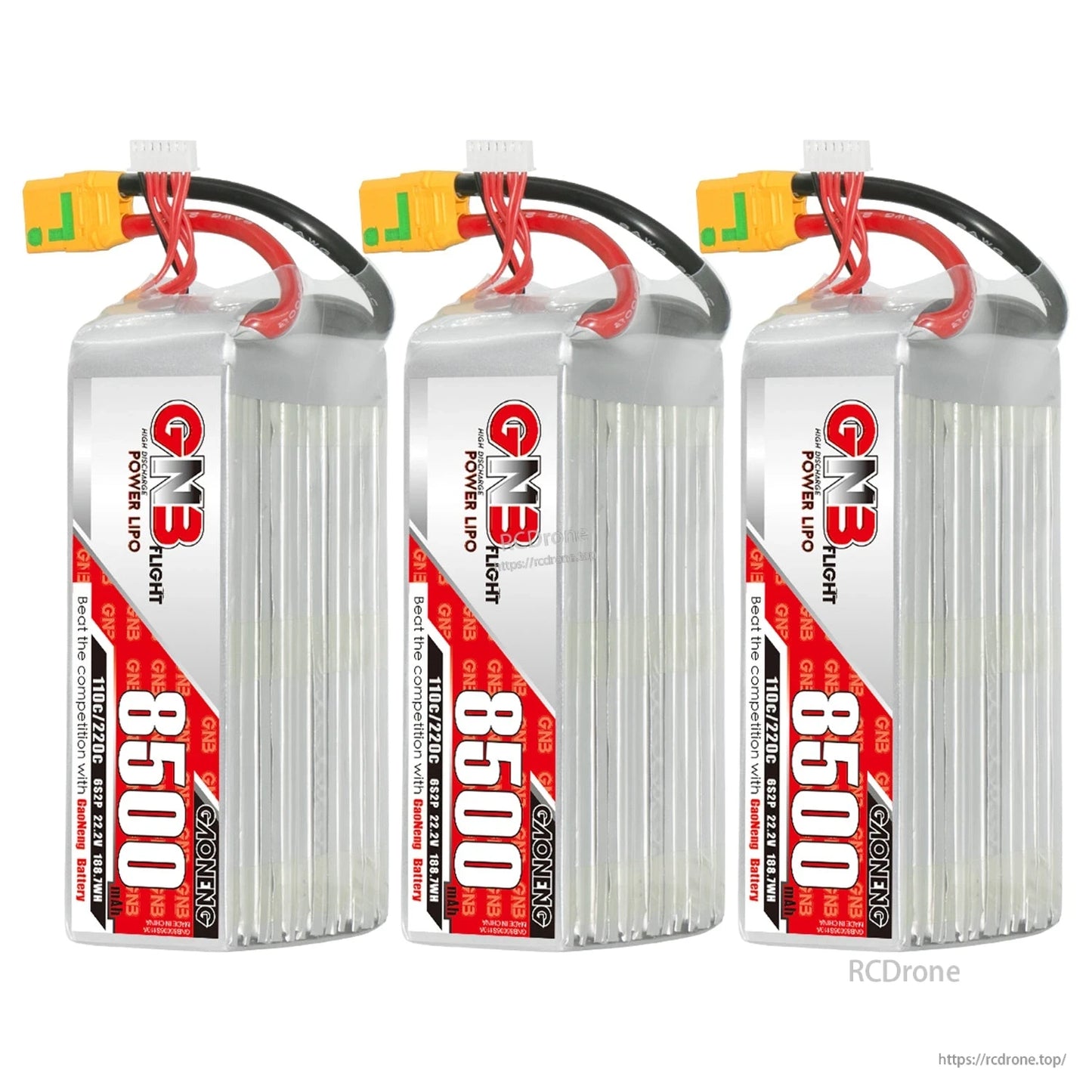 Three GNB 8500mAh LiPo batteries shown upright with XT90-style connectors