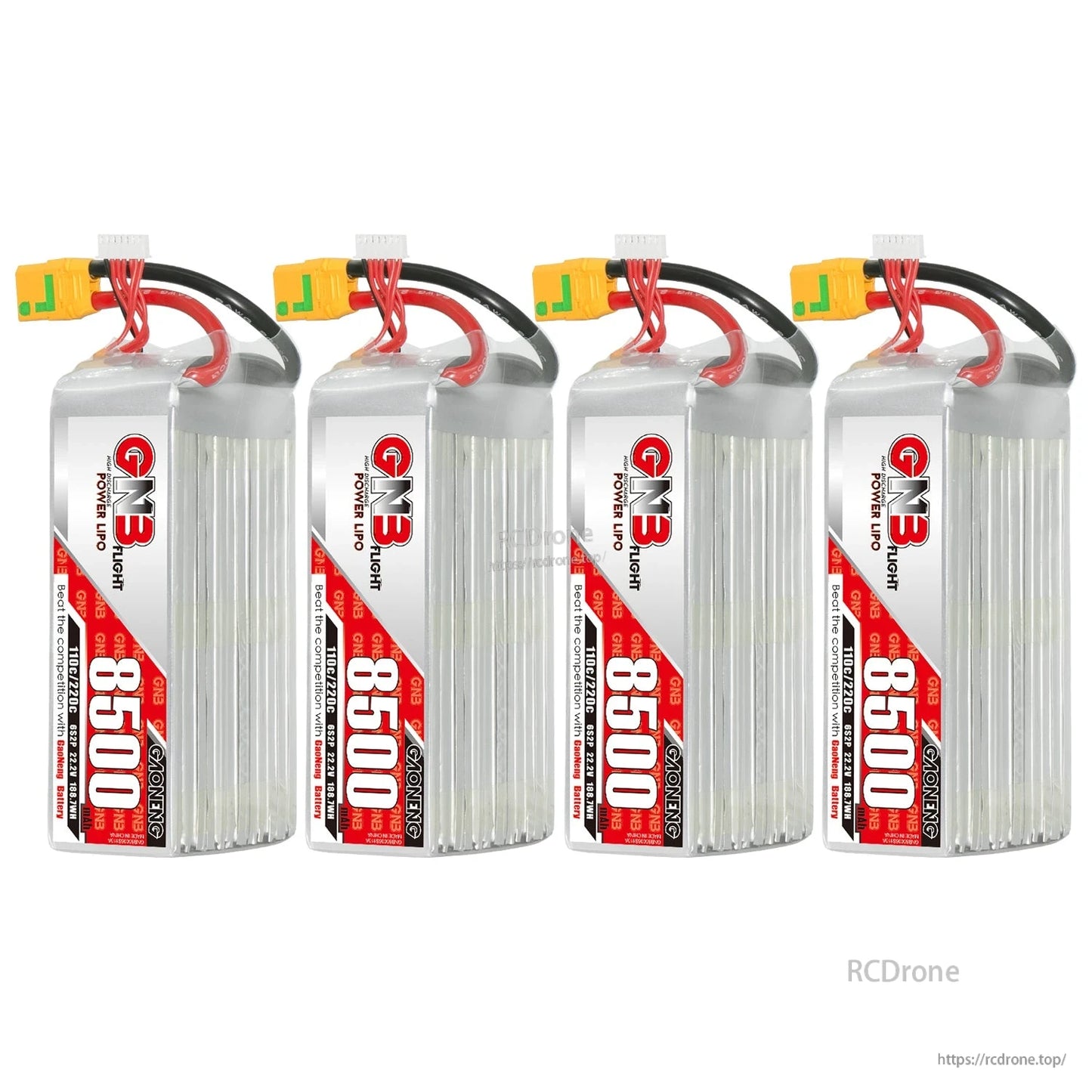 Four GNB 8500mAh LiPo batteries shown upright with XT90-style connectors