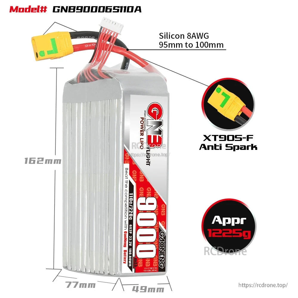 Battery dimensions diagram with model GNB9000 6S110A, XT90S-F anti-spark connector and wire info