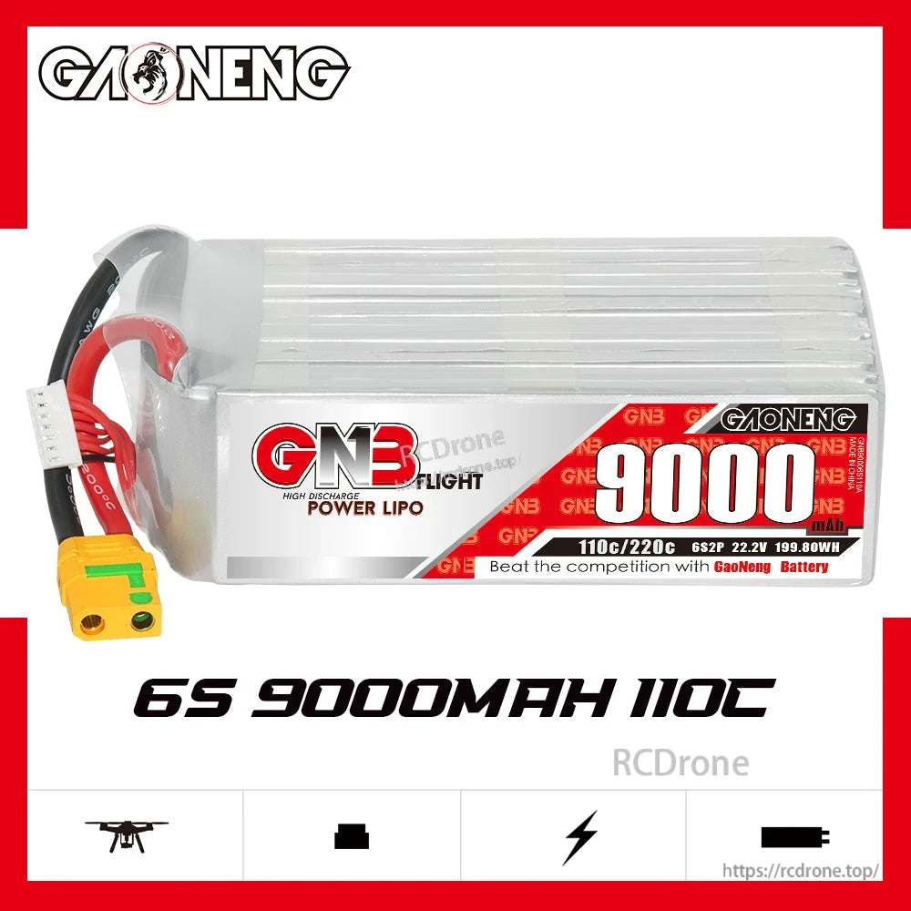 GAONENG GNB 6S 22.2V 9000mAh 110C RC LiPo Battery label view with 6S 9000mAh 110C text