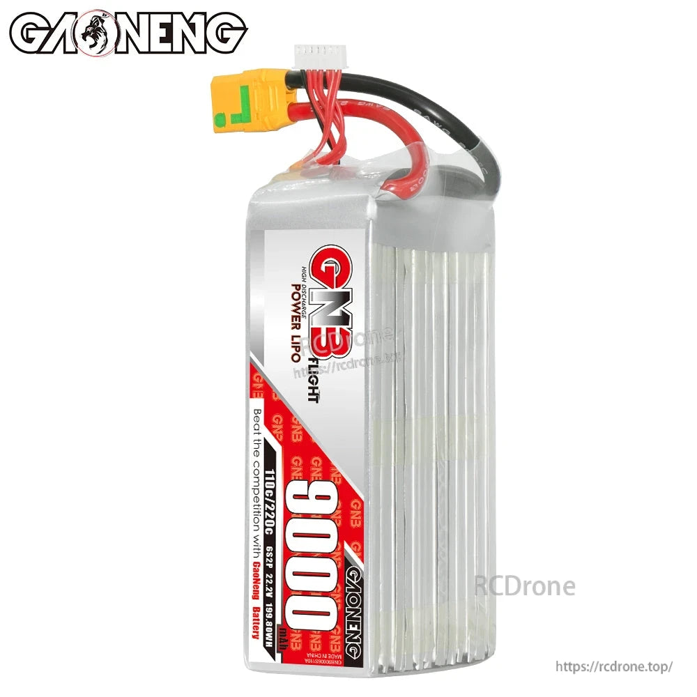Upright side view of GNB 9000mAh LiPo pack showing thick power leads, balance plug, and top exit