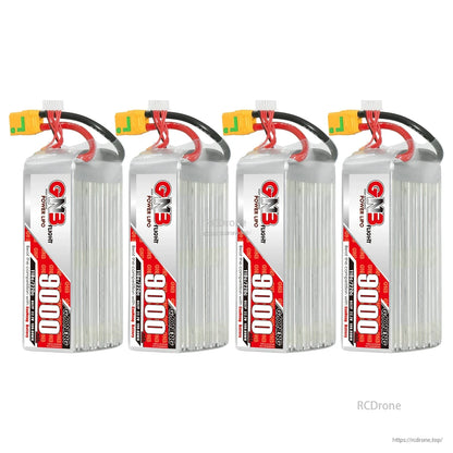 Four GNB 9000mAh LiPo battery packs lineup showing matching labels and XT90-style plugs