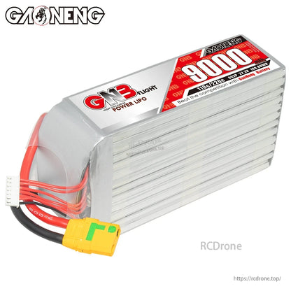 Angled top view of GNB 9000mAh LiPo battery showing ribbed hardcase and attached XT90S connector