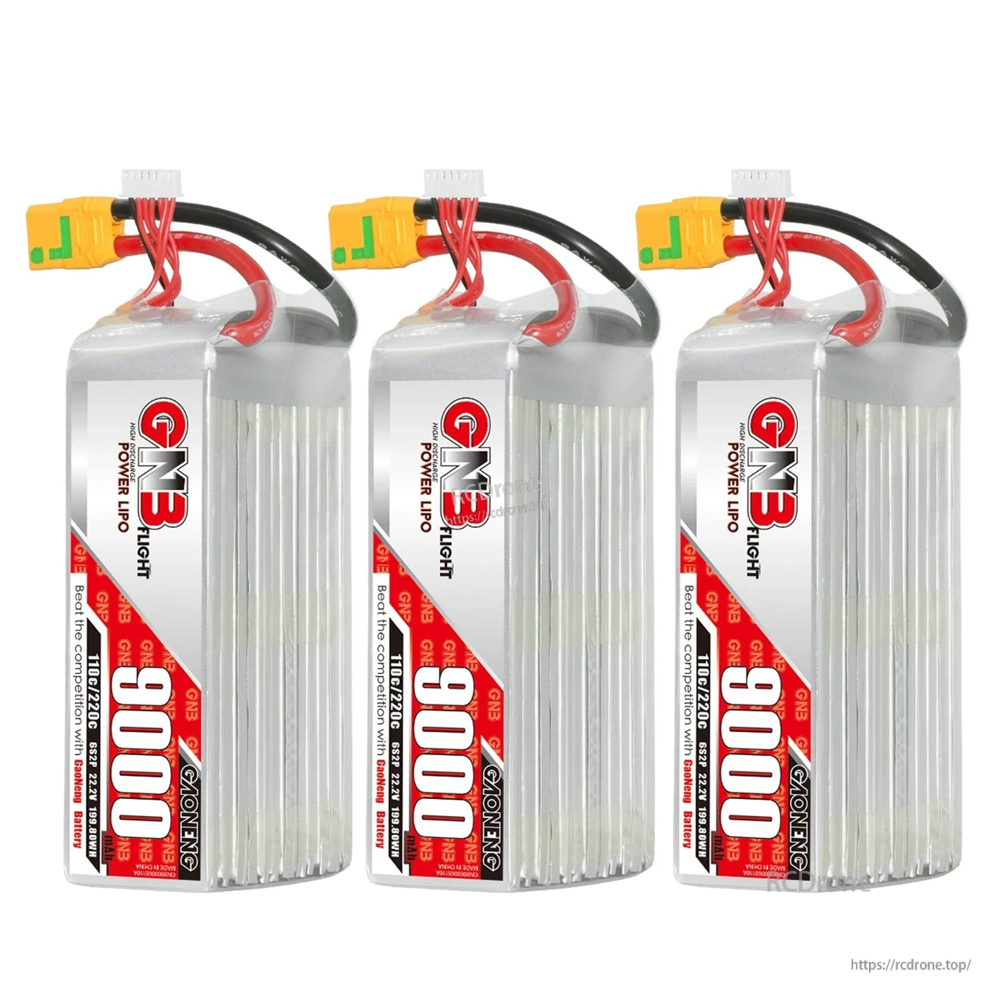 Three GNB 9000mAh LiPo battery packs lineup showing connectors and balance leads