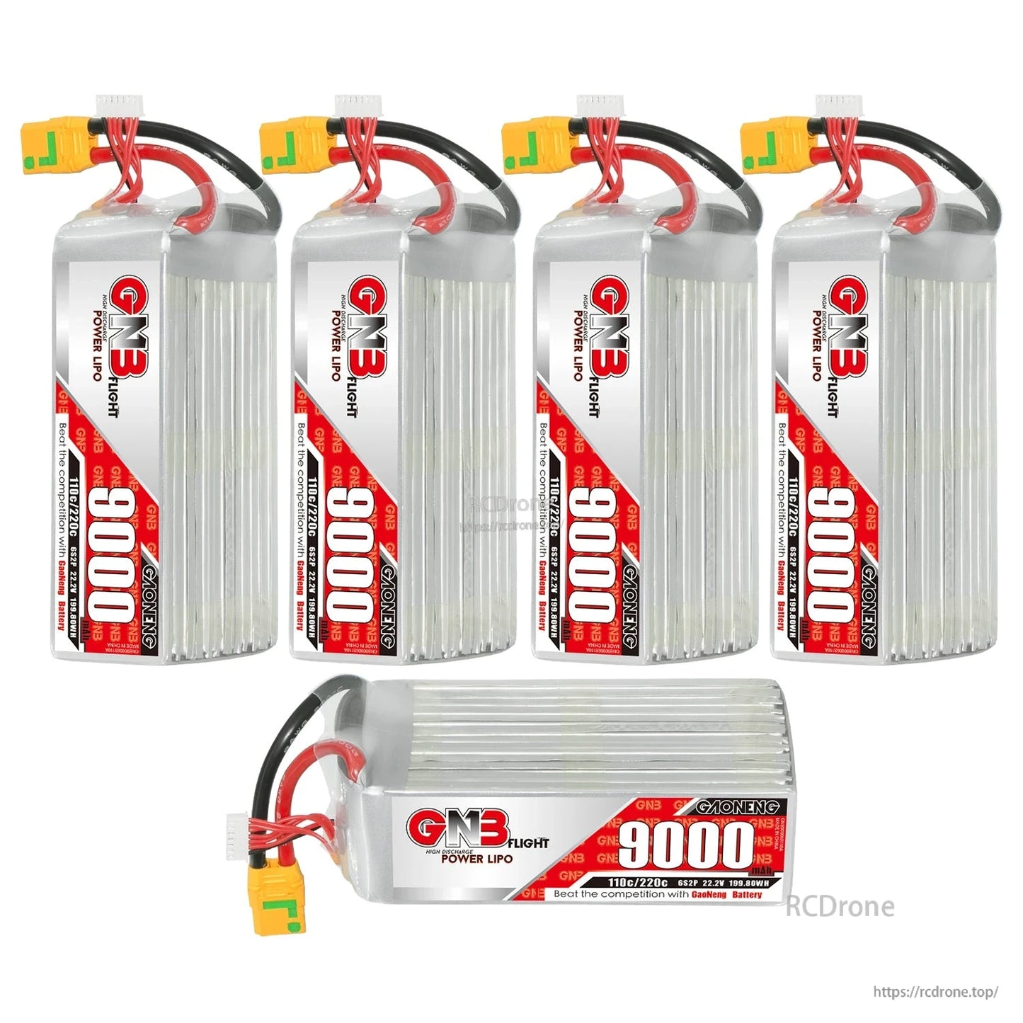 Four upright GNB 9000mAh packs plus one horizontal pack showing multiple viewing angles