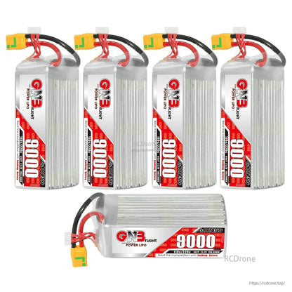 Four upright GNB 9000mAh packs plus one horizontal pack showing multiple viewing angles