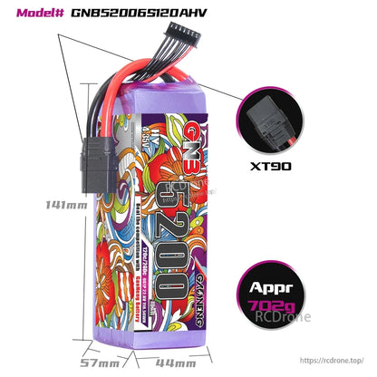 GNB52006S120AHV battery size diagram with XT90 connector callout and approx 702g weight