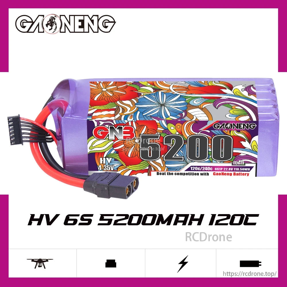 GNB 6S 5200mAh 120C LiHV LiPo battery XT90 graphic with 'HV 6S 5200mAh 120C' text