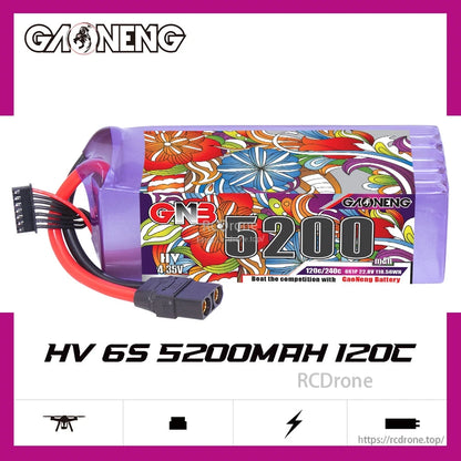 GNB 6S 5200mAh 120C LiHV LiPo battery XT90 graphic with 'HV 6S 5200mAh 120C' text