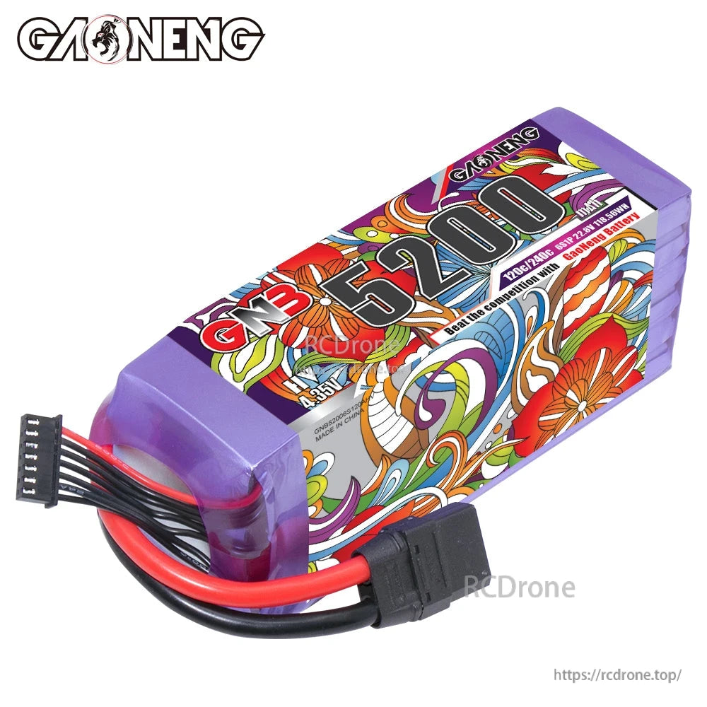 Top angle view of GNB 5200 HV LiPo pack showing purple shrink wrap, balance plug and power leads