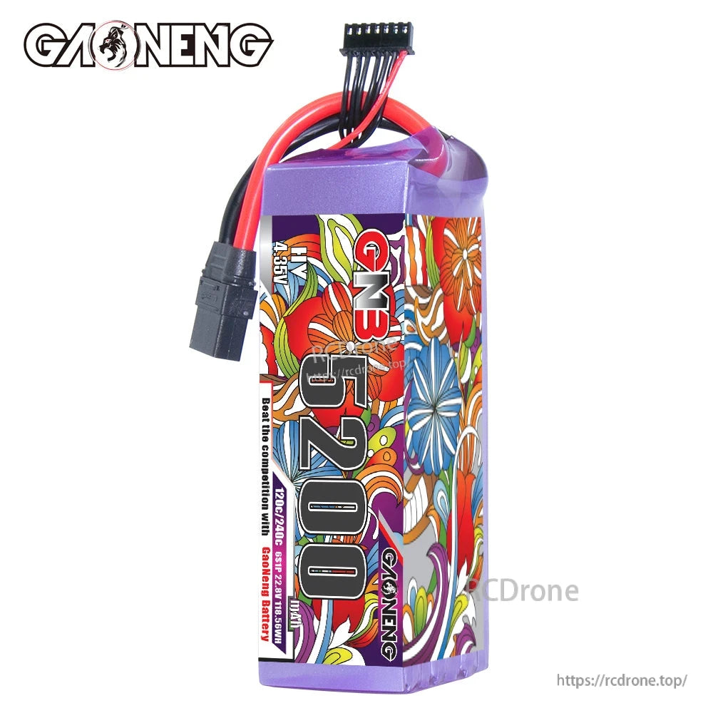 Side profile of GNB 5200 battery showing label, XT90 discharge lead and 6S balance connector
