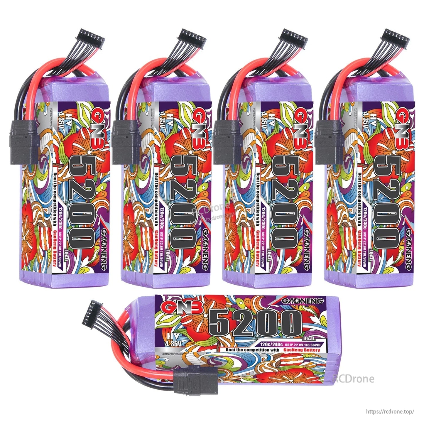 Five GNB 5200 LiPo batteries displayed, four standing and one horizontal