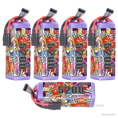Five GNB 5200 LiPo batteries displayed, four standing and one horizontal