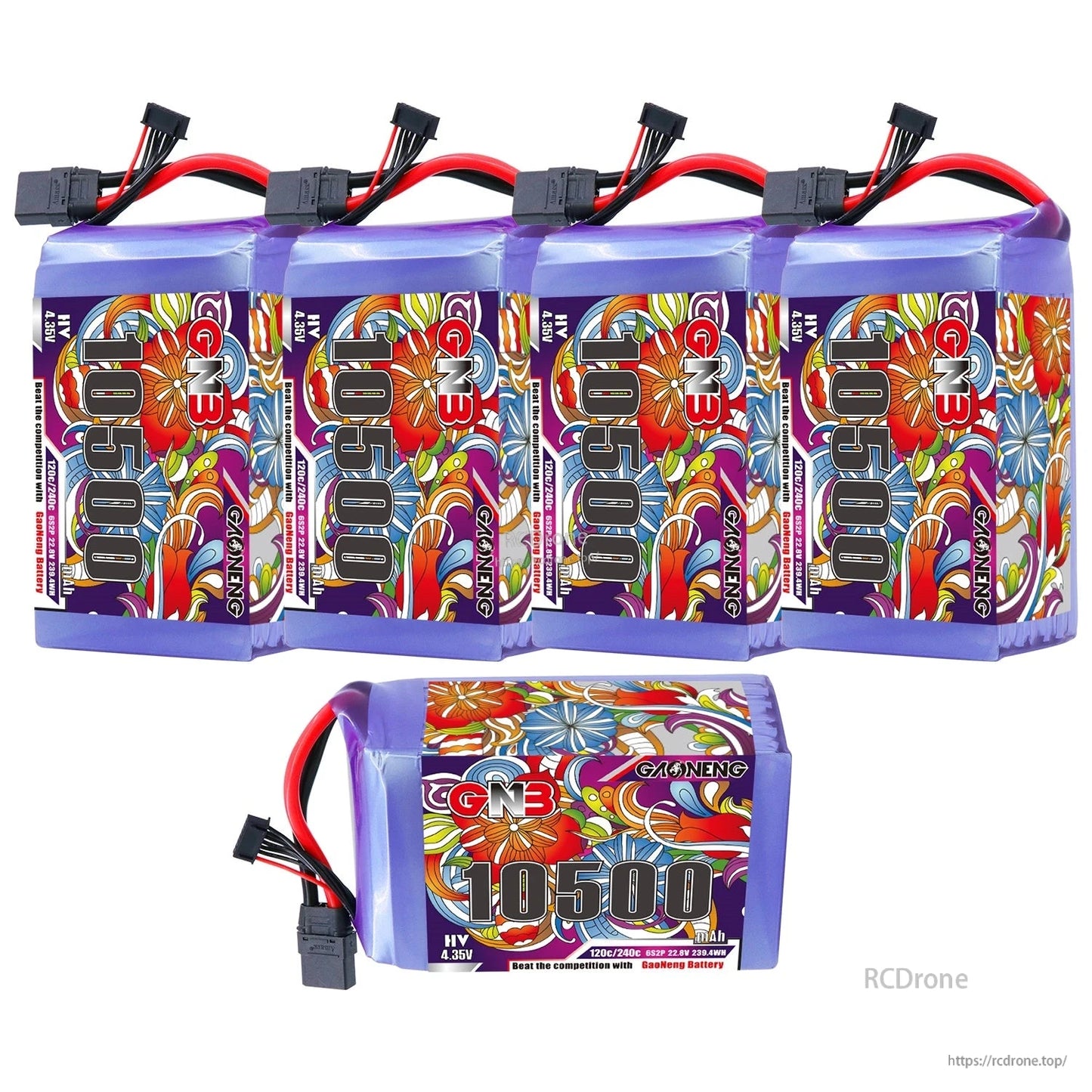 Set of GNB 10500mAh 6S HV LiPo batteries: four upright plus one lying flat, XT90 leads visible