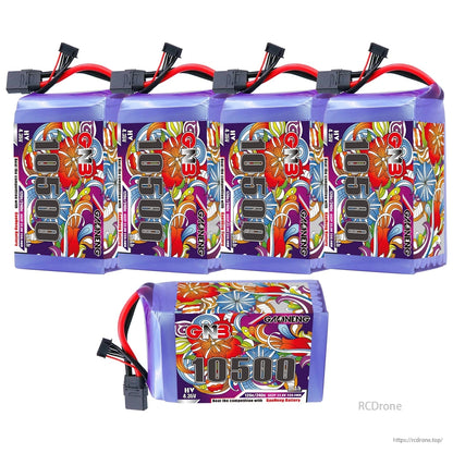 Set of GNB 10500mAh 6S HV LiPo batteries: four upright plus one lying flat, XT90 leads visible