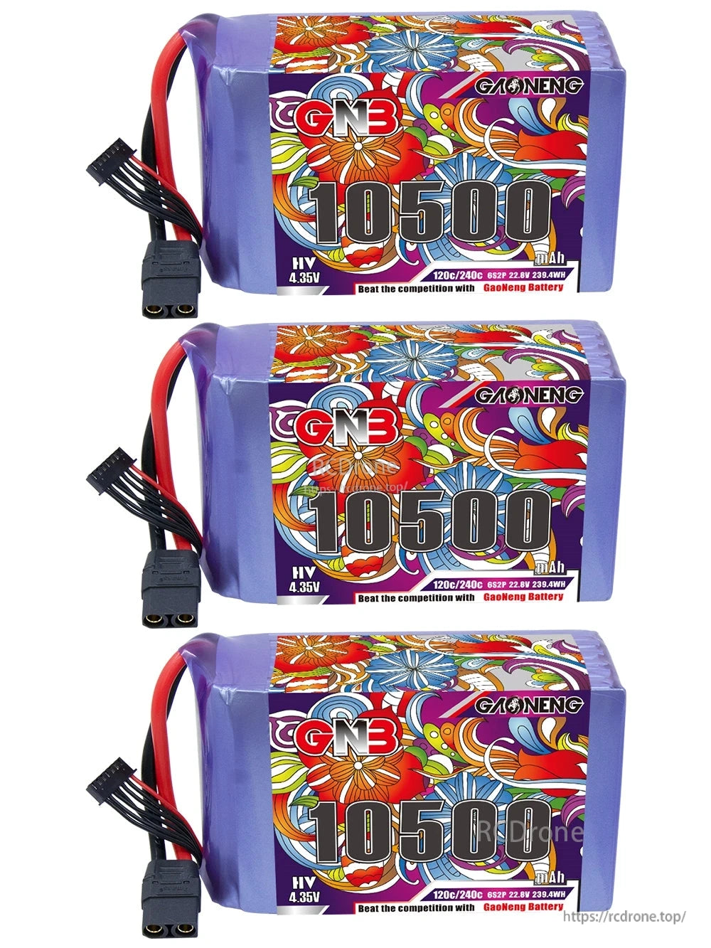 Three GNB 10500mAh 6S HV LiPo batteries stacked, each with XT90 discharge connector