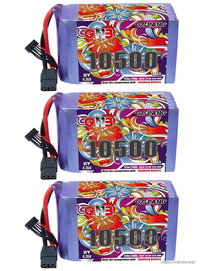 Three GNB 10500mAh 6S HV LiPo batteries stacked, each with XT90 discharge connector