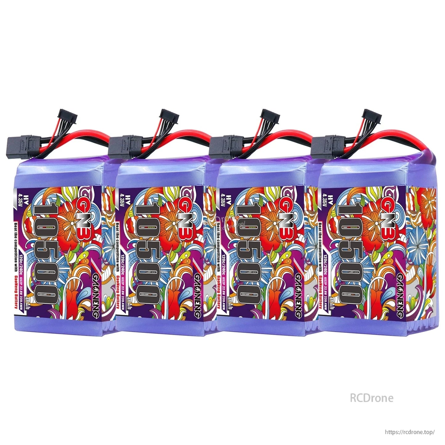 Four GNB 10500mAh 6S HV LiPo batteries lined up, showing side labels and connectors