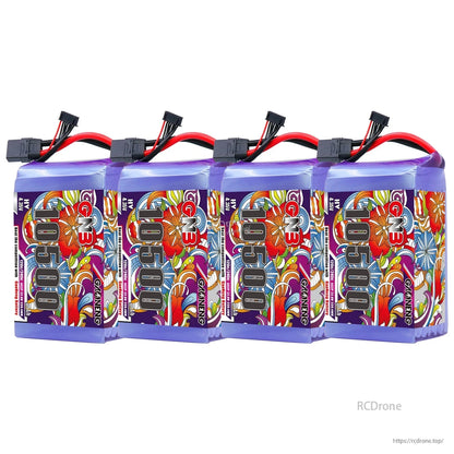 Four GNB 10500mAh 6S HV LiPo batteries lined up, showing side labels and connectors