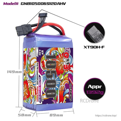 GNB10500 6S 120C HV battery size diagram with dimensions, XT90H-F plug and approx weight 1392g