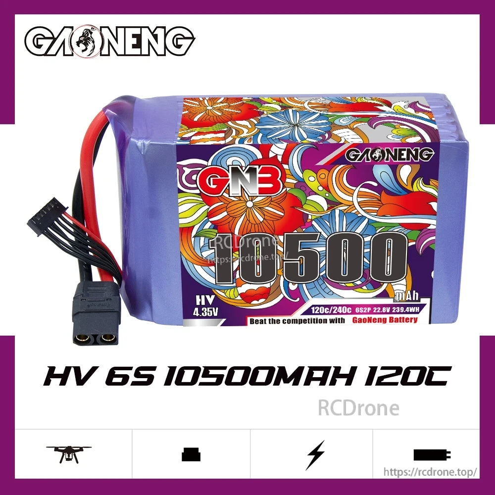 GNB HV 6S 10500mAh 120C LiPo battery product graphic with side profile and branding