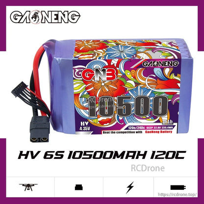GNB HV 6S 10500mAh 120C LiPo battery product graphic with side profile and branding