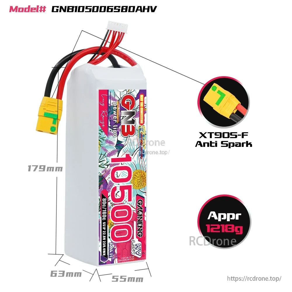 GNB105006S80AHV battery size diagram with dimensions and XT90S-F anti-spark connector close-up