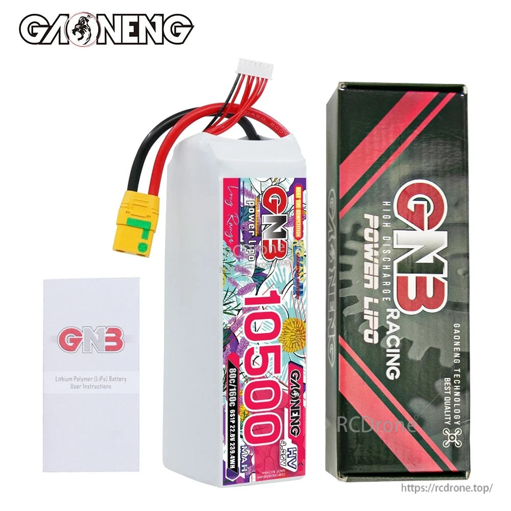 Package contents: GNB 10500mAh LiPo battery with retail box and instruction manual