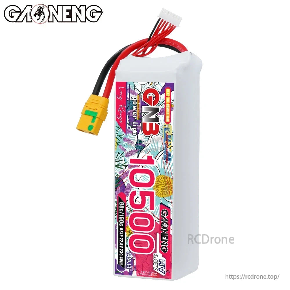 GAONENG GNB 10500mAh battery front label view with wires and XT90S connector