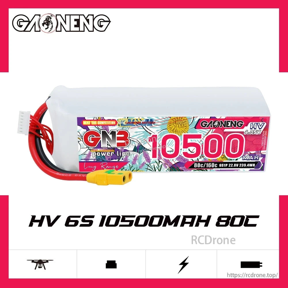 GNB HV 6S 10500mAh 80C LiPo battery side view with XT90S plug on white background