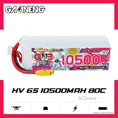 GNB HV 6S 10500mAh 80C LiPo battery side view with XT90S plug on white background