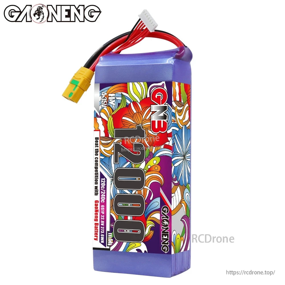GAONENG GNB 12000mAh battery upright front view with floral wrap and XT90S-F lead