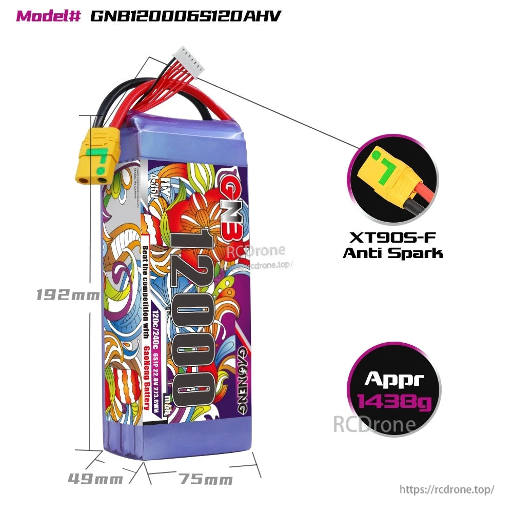 GNB120006S120AHV battery size diagram with dimensions 192×75×49mm, XT90S-F anti-spark, 1438g