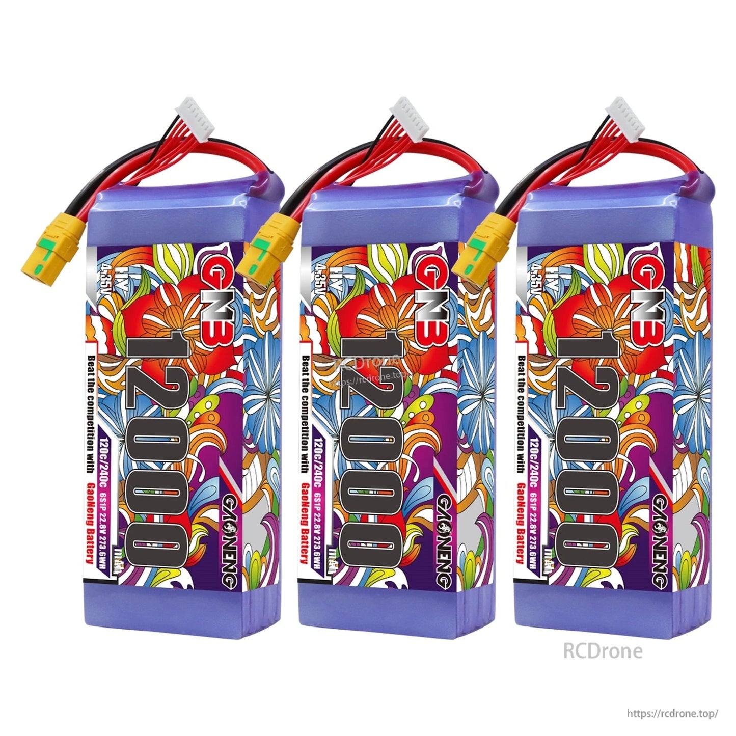 Three GNB 12000mAh HV 6S LiPo batteries lined up, front label comparison view