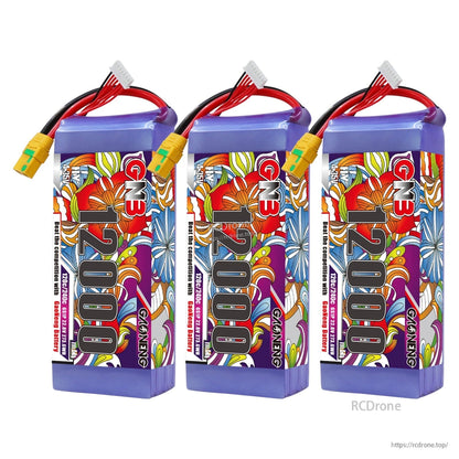 Three GNB 12000mAh HV 6S LiPo batteries lined up, front label comparison view