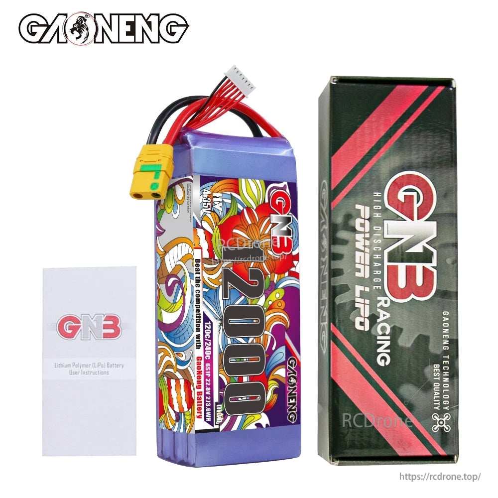 In-box contents: GNB 12000 battery, GAONENG retail box, and LiPo safety instruction leaflet