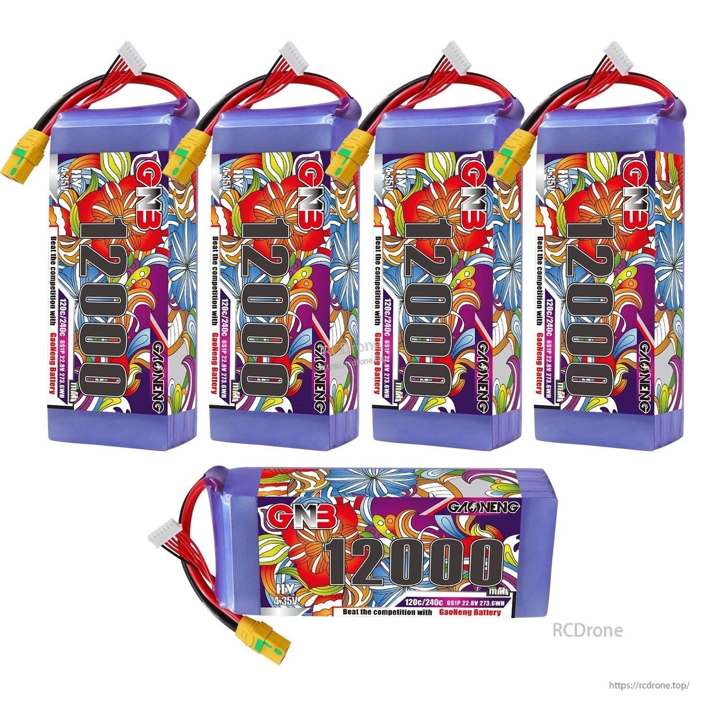 Group display of GNB 12000mAh HV 6S LiPo batteries—four upright plus one horizontal