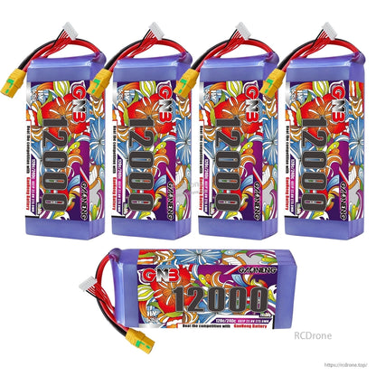 Group display of GNB 12000mAh HV 6S LiPo batteries—four upright plus one horizontal