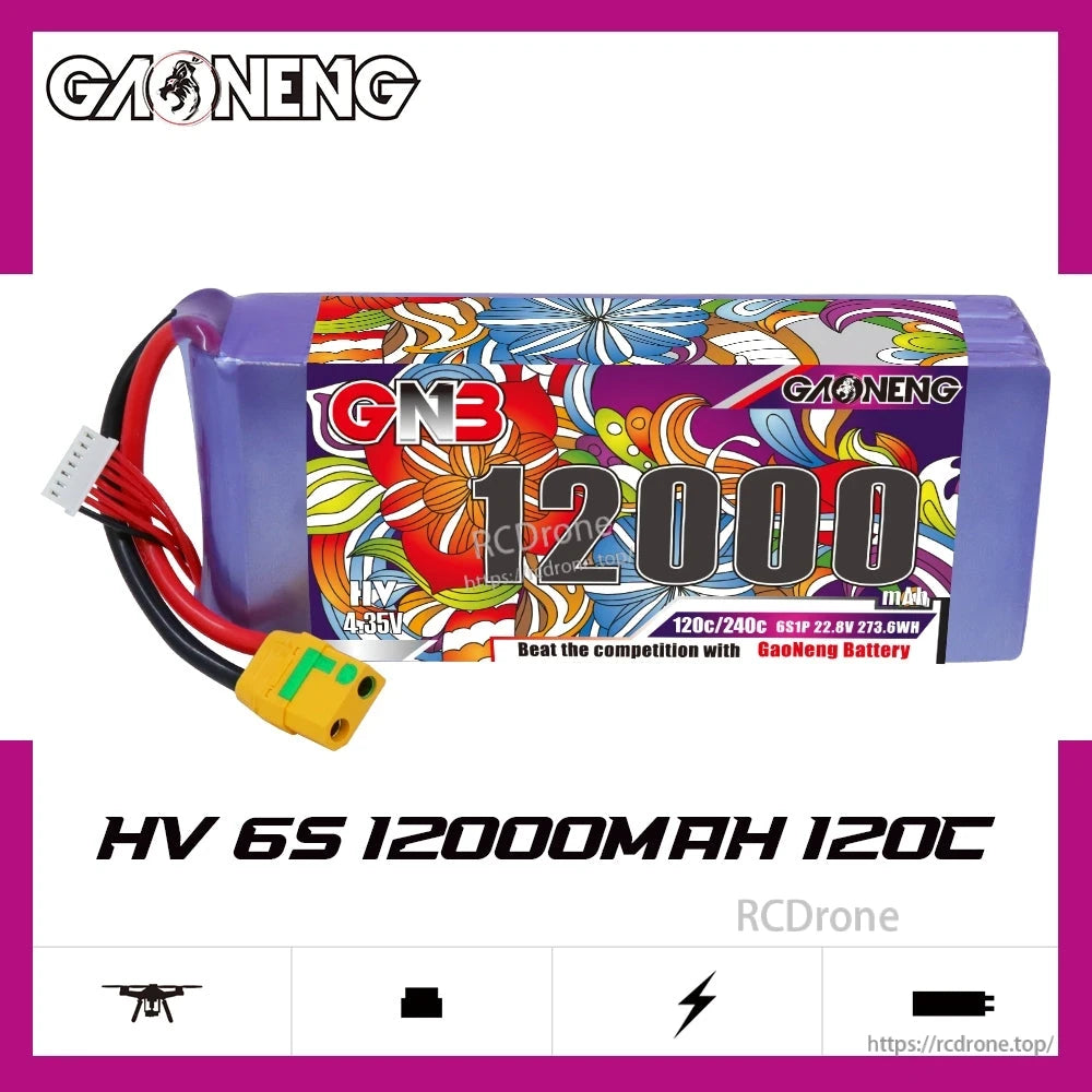 GNB HV 6S 12000mAh 120C LiPo battery front label view showing 4.35V HV marking and wiring