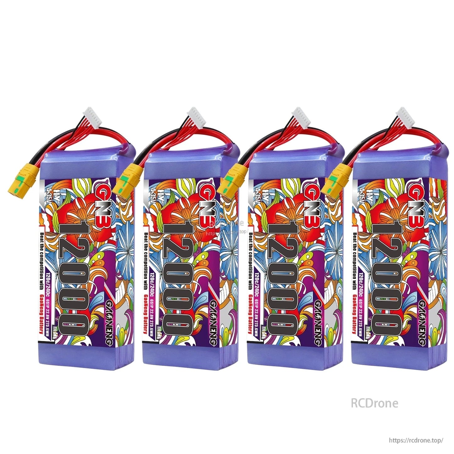 Four GNB 12000mAh HV 6S LiPo batteries lined up, front label view