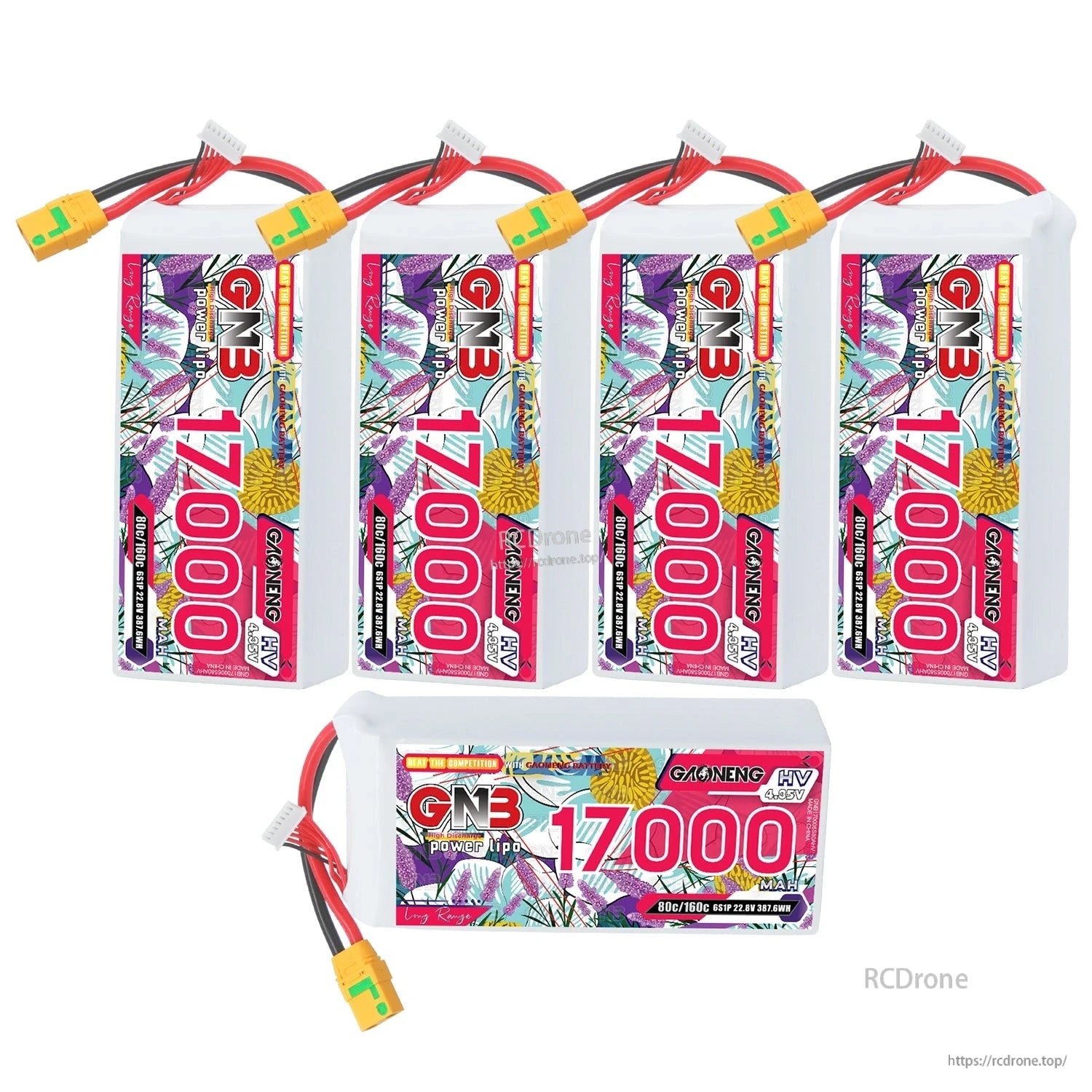Bundle layout showing five GNB 17000 battery packs, four upright plus one horizontal
