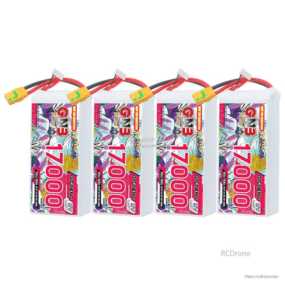 Four GNB 17000 battery packs aligned in a row, showing labels and XT90S anti-spark connectors