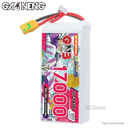Upright front view of battery pack showing GNB 17000 label, XT90S connector and balance lead