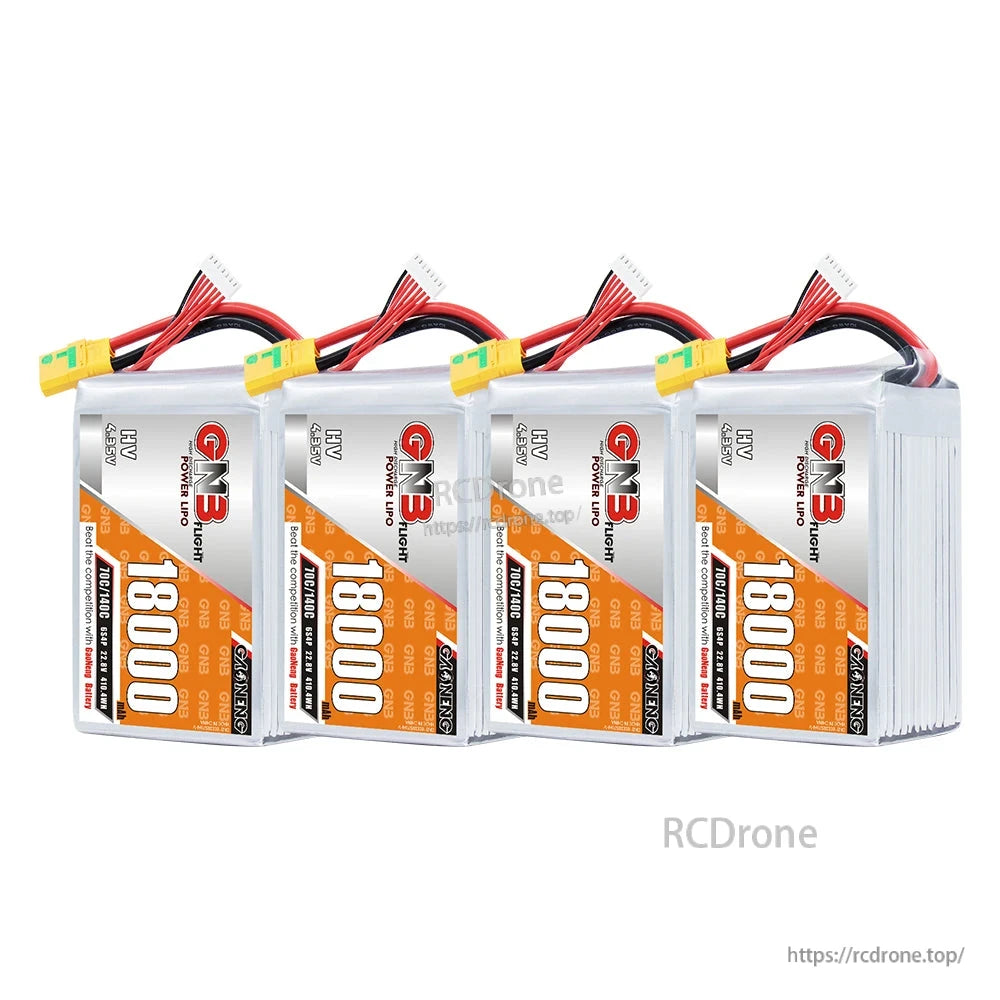 Four-pack lineup of GNB 18000 HV LiPo batteries arranged side by side