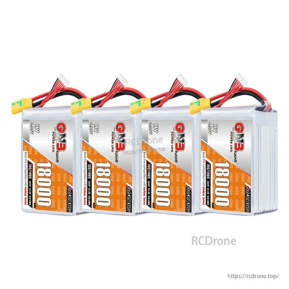 Four-pack lineup of GNB 18000 HV LiPo batteries arranged side by side