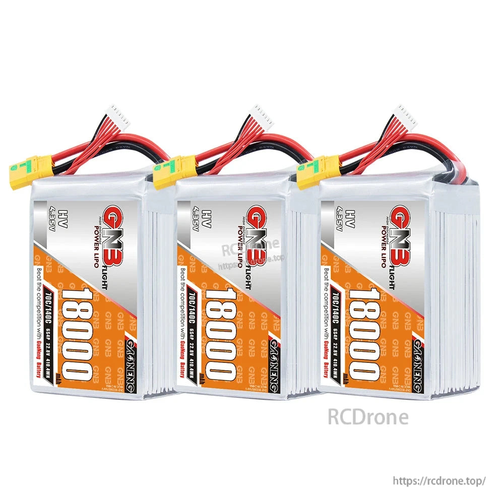 Three-pack lineup of GNB 18000 HV LiPo batteries with XT90S discharge connectors