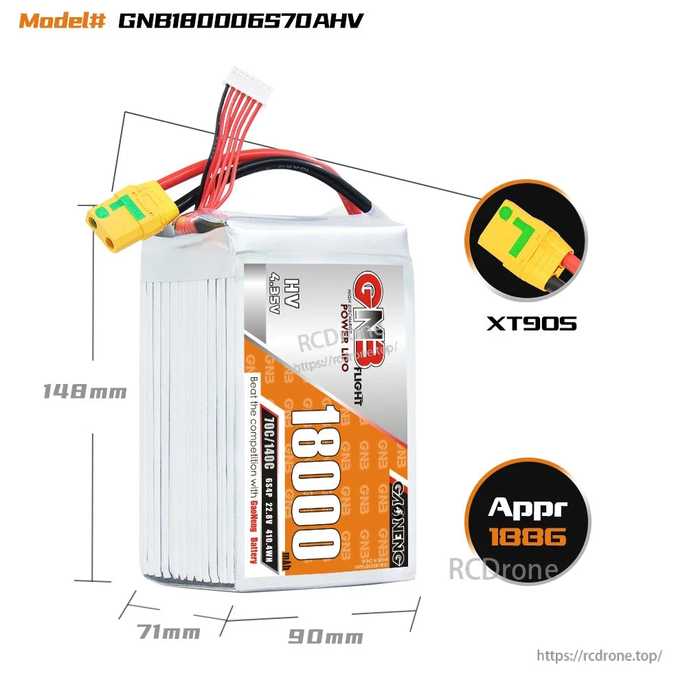 Battery size diagram with approximate dimensions 148 x 90 x 71 mm and XT90S connector callout